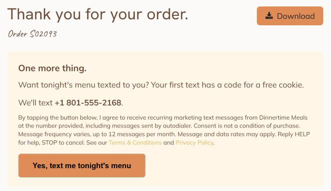 Order confirmation page: the disclosure above the Yes, text me tonight's menu button
